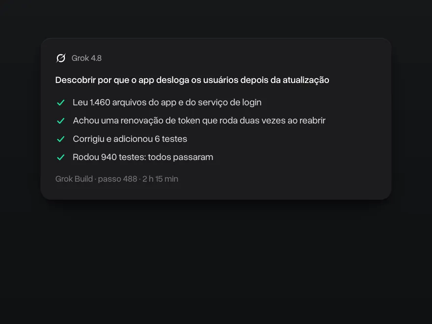 O Grok 4.8 no Grok Build descobrindo por que um app desloga os usuários: 1.460 arquivos lidos, uma renovação de token duplicada corrigida e 940 testes aprovados