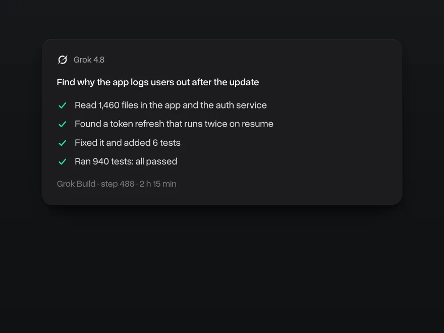 Grok 4.8 in Grok Build finding why an app logs users out: 1,460 files read, a double token refresh fixed and 940 tests passed
