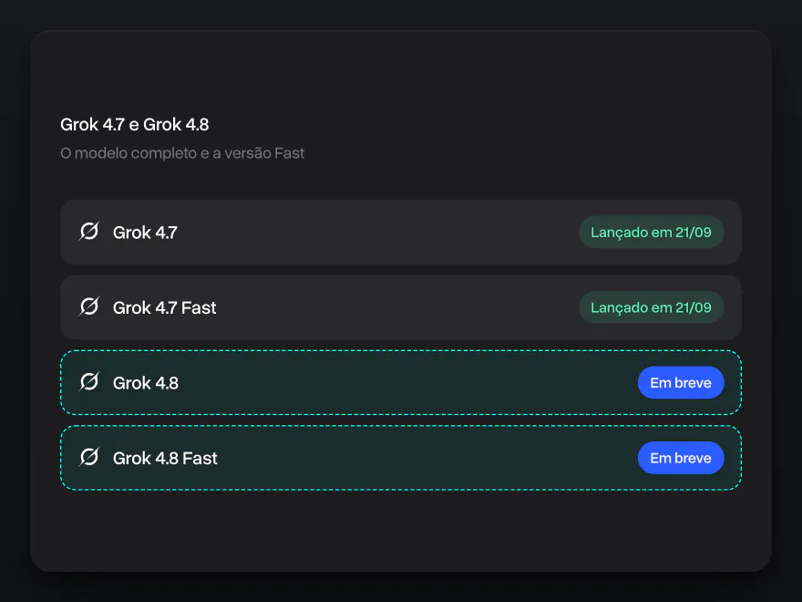 Grok 4.7 e Grok 4.7 Fast lançados em 21 de setembro, Grok 4.8 e Grok 4.8 Fast em breve