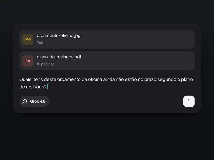 A foto de um orçamento da oficina e um plano de revisões de 18 páginas anexados, o Grok 4.8 selecionado e uma pergunta sobre os itens que ainda não estão no prazo