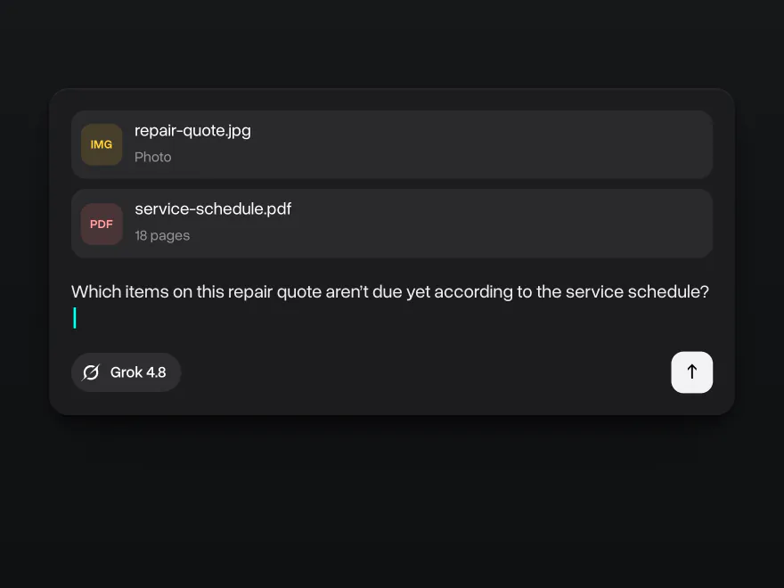 A photo of a repair quote and an 18-page service schedule attached, Grok 4.8 picked and a question about which items aren't due yet