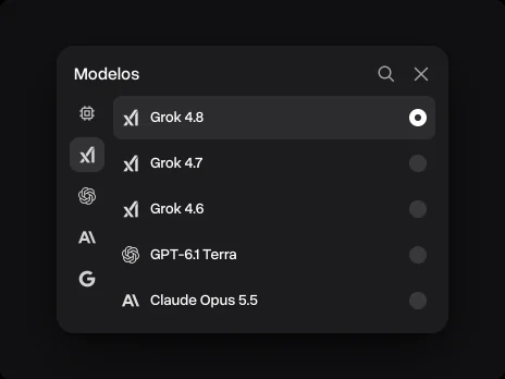 O menu Modelos com o Grok 4.8 selecionado acima do Grok 4.7, do Grok 4.6, do GPT-6.1 Terra e do Claude Opus 5.5
