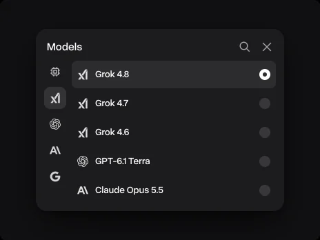 The Models menu with Grok 4.8 picked above Grok 4.7, Grok 4.6, GPT-6.1 Terra and Claude Opus 5.5
