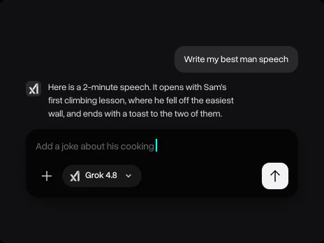 Grok 4.8's best man speech and a follow-up asking to add a joke about the groom's cooking