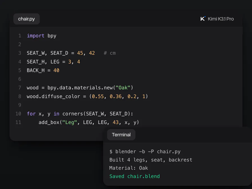 Um script do Blender chair.py escrito pelo Kimi K3.1 Pro com as medidas em centímetros e material de carvalho, e um terminal com chair.blend salvo