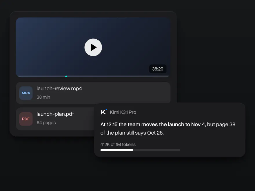 A 38-minute recording and a 64-page plan attached, and Kimi K3.1 Pro's answer pointing to 12:15 in the video and page 38 of the plan, 412K of 1M tokens used