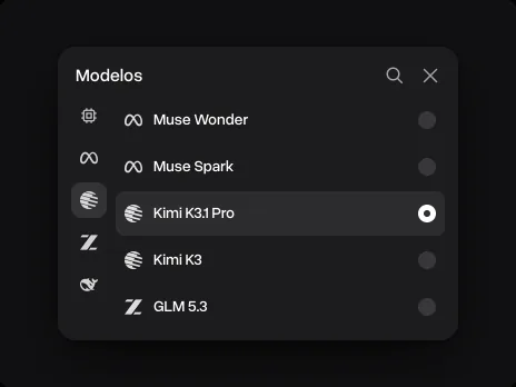 O menu Modelos com o Kimi K3.1 Pro selecionado entre o Muse Spark e o Kimi K3