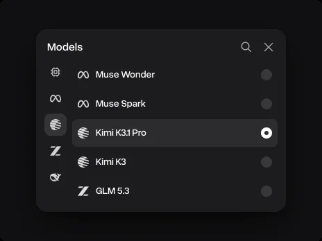 The Models menu with Kimi K3.1 Pro picked between Muse Spark and Kimi K3
