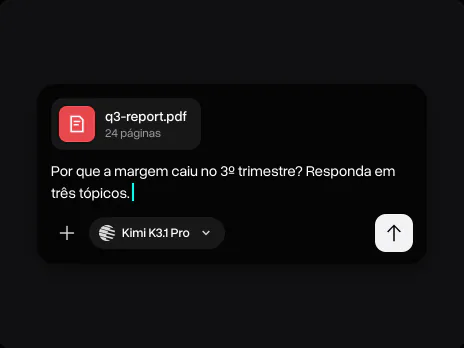 Campo de mensagem com q3-report.pdf anexado e a pergunta sobre por que a margem caiu no 3º trimestre