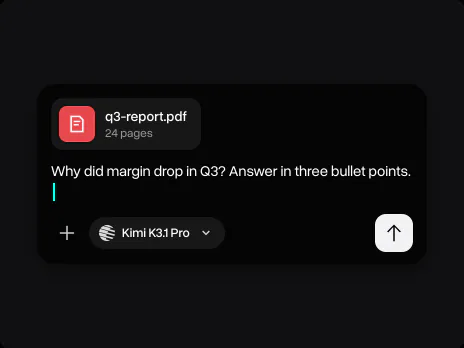 Message field with q3-report.pdf attached and the question why margin dropped in Q3