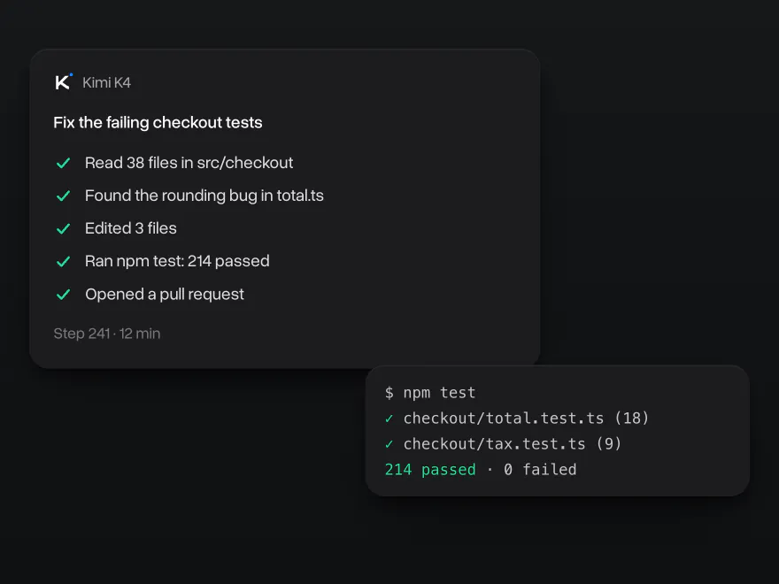 Kimi K4 fixing failing checkout tests: 38 files read, 3 files edited, npm test with 214 passed and a pull request opened