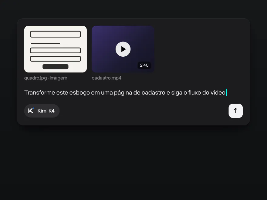 Um esboço de quadro branco e uma gravação de tela de 2:40 anexados, o Kimi K4 selecionado e o pedido de transformá-los em uma página de cadastro
