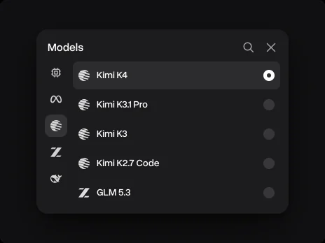 The Models menu with Kimi K4 picked above Kimi K3.1 Pro, Kimi K3 and Kimi K2.7 Code