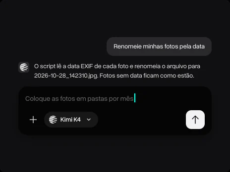A resposta do Kimi K4 sobre renomear fotos pela data EXIF e uma pergunta pedindo para separá-las em pastas por mês