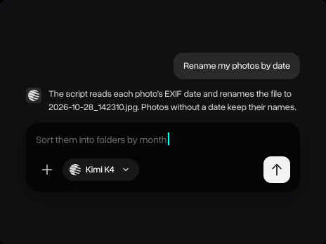 Kimi K4's answer about renaming photos by their EXIF date and a follow-up asking to sort them into folders by month