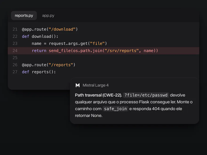 Uma rota de download em Flask com uma falha de path traversal em um editor de código, e a resposta do Mistral Large 4 com a vulnerabilidade e a correção
