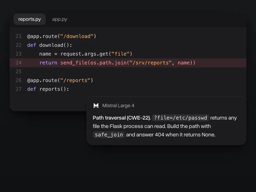 A Flask download route with a path traversal bug in a code editor, and Mistral Large 4's answer naming the vulnerability and the fix
