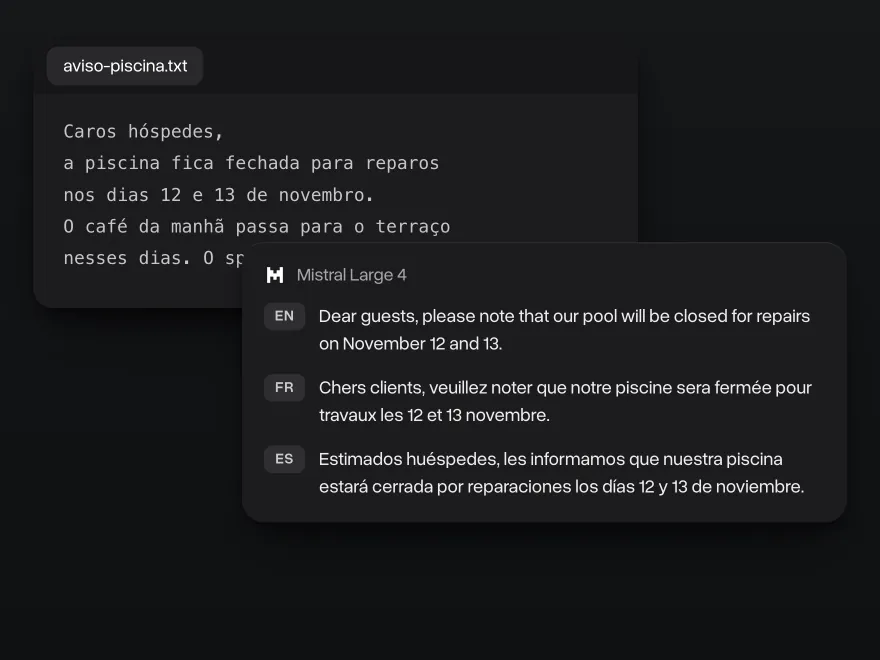 Um aviso de hotel sobre o fechamento da piscina e as versões do Mistral Large 4 em inglês, francês e espanhol