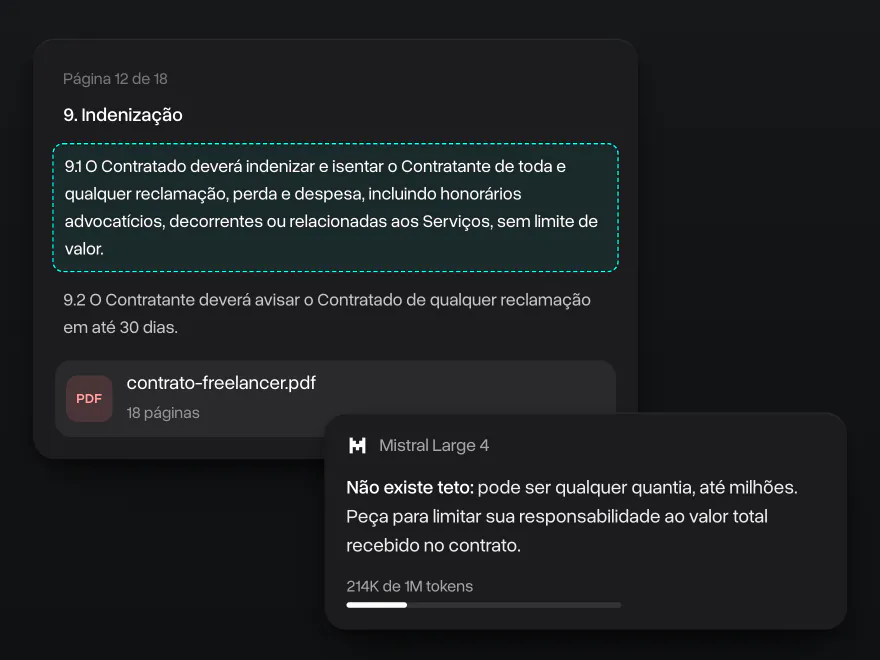 Uma cláusula de indenização na página 12 de um contrato de freelancer, e a resposta do Mistral Large 4 sobre a responsabilidade ilimitada e o teto a pedir