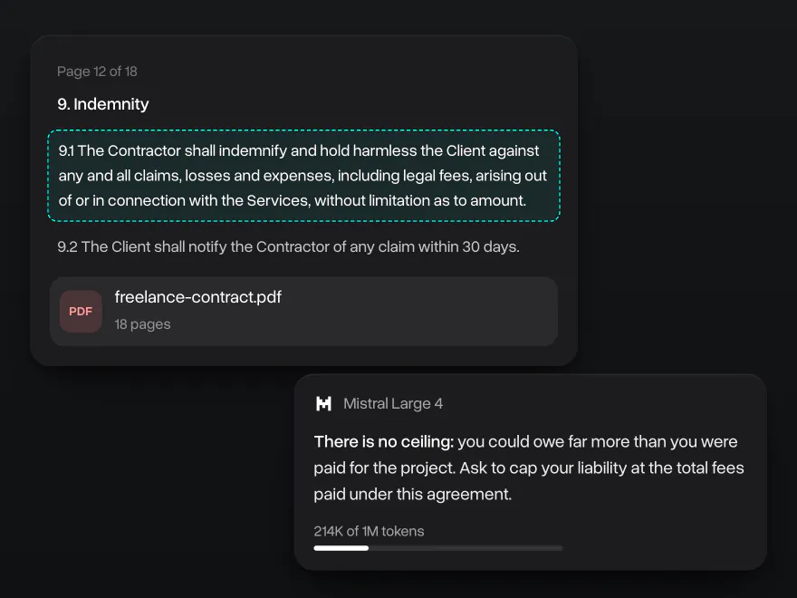 An indemnity clause on page 12 of a freelance contract, and Mistral Large 4's answer explaining the unlimited liability and the cap to ask for