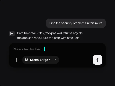 Mistral Large 4's answer about the path traversal bug and a follow-up asking for a test
