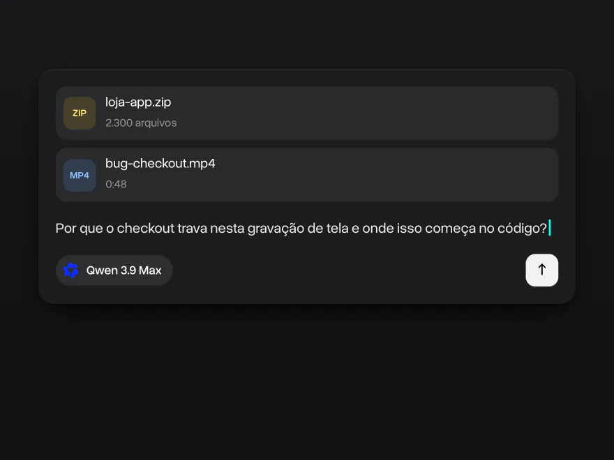 Um arquivo do app com 2.300 arquivos e uma gravação de tela de 48 segundos anexados, o Qwen 3.9 Max selecionado e uma pergunta sobre um bug no checkout
