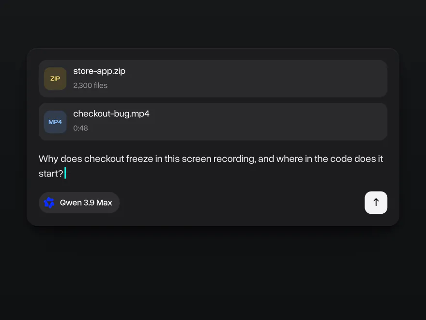 An app archive with 2,300 files and a 48-second screen recording attached, Qwen 3.9 Max picked and a question about a checkout bug