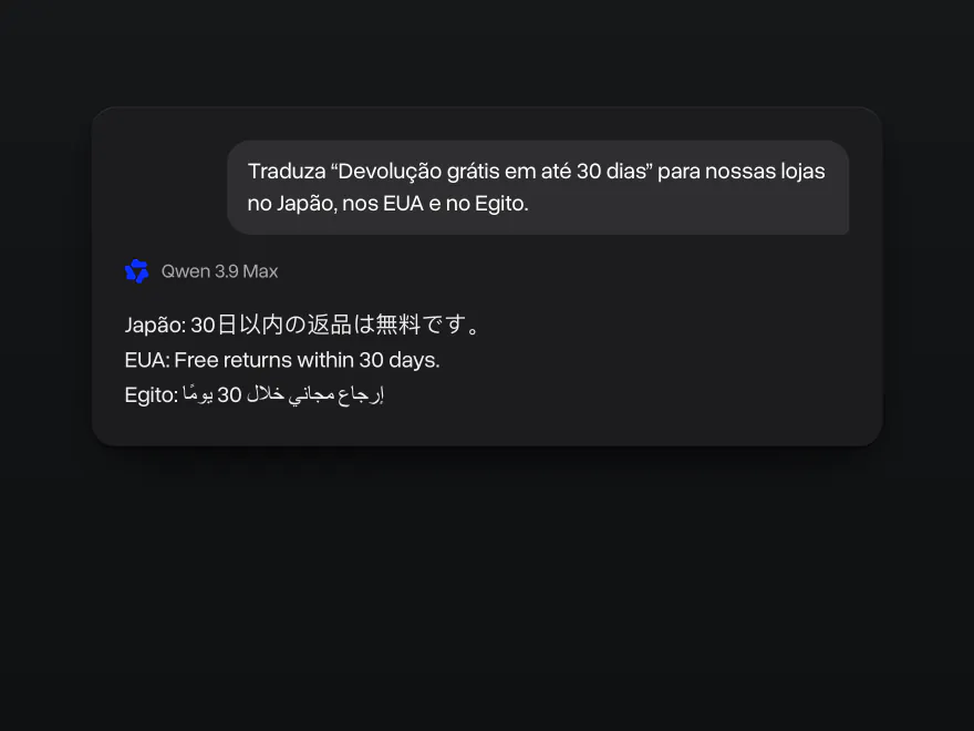 O Qwen 3.9 Max traduzindo “Devolução grátis em até 30 dias” para japonês, inglês e árabe