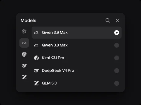 The Models menu with Qwen 3.9 Max picked above Qwen 3.8 Max, Kimi K3.1 Pro, DeepSeek V4 Pro and GLM 5.3