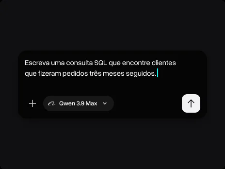 Campo de mensagem com um prompt pedindo uma consulta SQL que encontre clientes com pedidos três meses seguidos