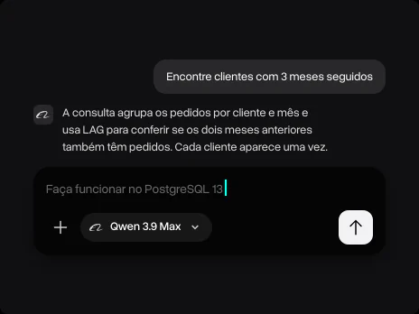 A resposta do Qwen 3.9 Max sobre a consulta SQL e um pedido para fazê-la funcionar no PostgreSQL 13