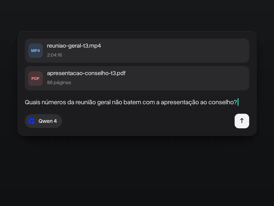 A gravação de duas horas de uma reunião geral e uma apresentação de 86 páginas anexadas, o Qwen 4 selecionado e uma pergunta sobre números que não batem