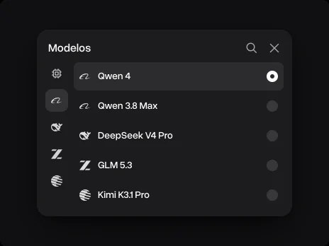 O menu Modelos com o Qwen 4 selecionado acima do Qwen 3.8 Max, do DeepSeek V4 Pro, do GLM 5.3 e do Kimi K3.1 Pro