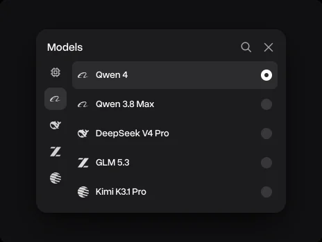 The Models menu with Qwen 4 picked above Qwen 3.8 Max, DeepSeek V4 Pro, GLM 5.3 and Kimi K3.1 Pro