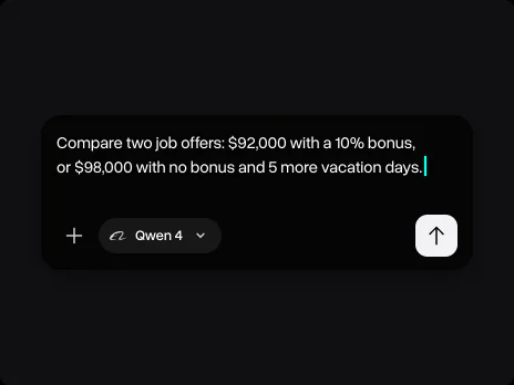 Message field with a prompt asking to compare a $92,000 job offer with a 10% bonus and a $98,000 offer with 5 more vacation days