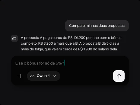 A resposta do Qwen 4 comparando as duas propostas e uma pergunta sobre o que muda se o bônus for só de 5%