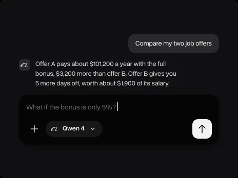 Qwen 4's answer comparing the two job offers and a follow-up asking what changes if the bonus is only 5%