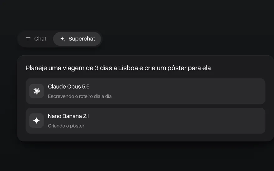 Superchat dividindo um pedido entre o Claude Opus 5.5 para o roteiro e o Nano Banana 2.1 para o pôster