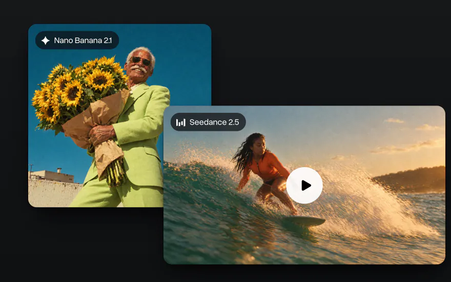 Uma imagem feita com o Nano Banana 2.1 e um vídeo de surfe feito com o Seedance 2.5