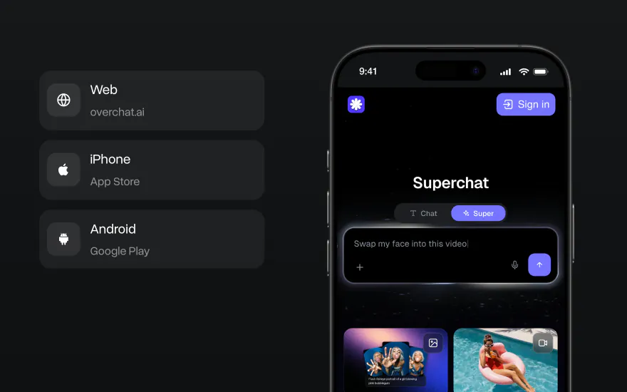 A Overchat AI na web, no iPhone e no Android, e a tela do Superchat no app para iPhone