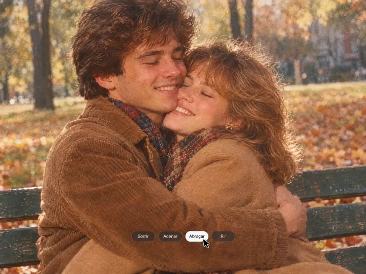 Casal se abraçando num banco de praça numa foto dos anos 80, com as opções Sorrir, Acenar, Abraçar e Rir e Abraçar escolhido