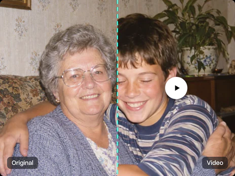 The original photo of a grandmother and grandson next to a frame of the video where they hug