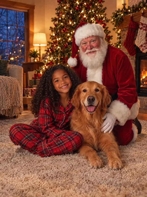 Girl and her golden retriever by the Christmas tree with Santa added behind them, the original photo in the corner