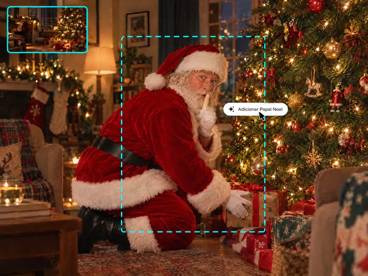 Papai Noel ajoelhado junto à árvore de Natal com o dedo nos lábios, a sala vazia num quadrinho e o botão Adicionar Papai Noel