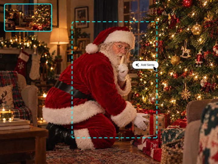 Santa kneeling by a Christmas tree with a finger to his lips, the empty room in a small inset and an Add Santa button