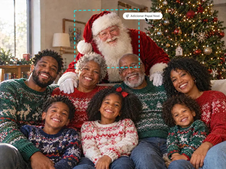 Três gerações de uma família no sofá com o Papai Noel atrás deles, uma seleção tracejada ao redor do Papai Noel