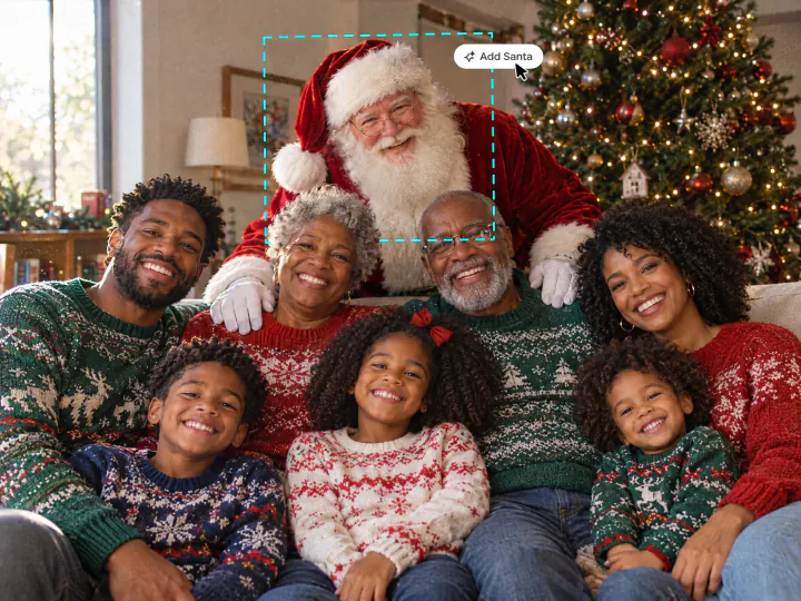 Three generations of a family on a sofa with Santa leaning in behind them, a dashed selection around Santa