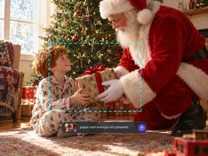 Papai Noel entregando um presente a um menino ruivo de pijama, com o pedido papai noel entrega um presente