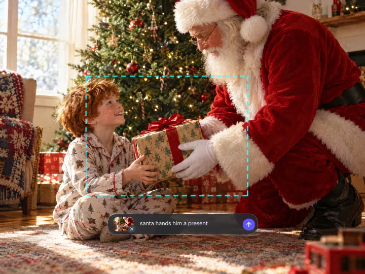Santa handing a present to a red-haired boy in pajamas, with the prompt santa hands him a present