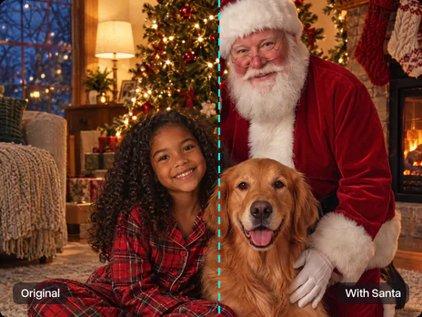 The same photo of a girl and her dog before and after Santa was added
